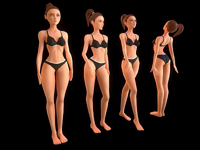 Four Children in Bikinis Shown from Different Angles with Standing Poses on Black Background 3d model