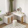 Modern White Dressing Table With Stylish Mirror Cosmetic Organizers White Stool Green Curtain Window Interior