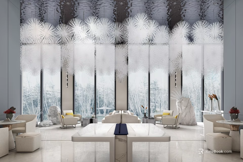Elegant Modern Restaurant Interior With White Marble Seating Chandelier And Floor To Ceiling Windows 3d model 