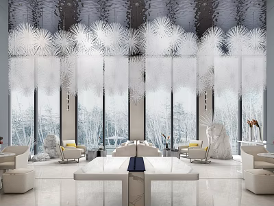 Elegant Modern Restaurant Interior With White Marble Seating Chandelier And Floor To Ceiling Windows 3d model