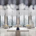 Elegant Modern Restaurant Interior With White Marble Seating Chandelier And Floor To Ceiling Windows