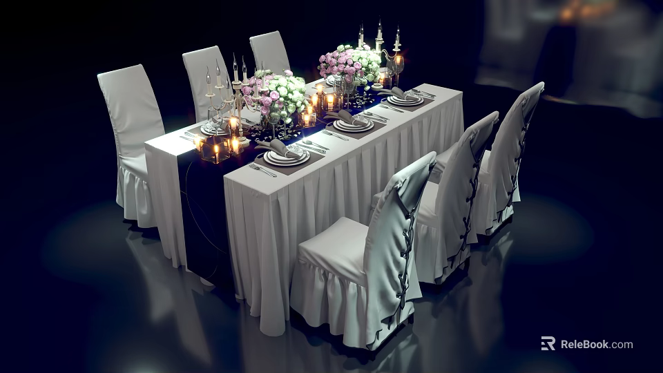 Elegant Dining Table Set With White Tablecloth Chairs Flower Vases Candles And Tableware 3d model 