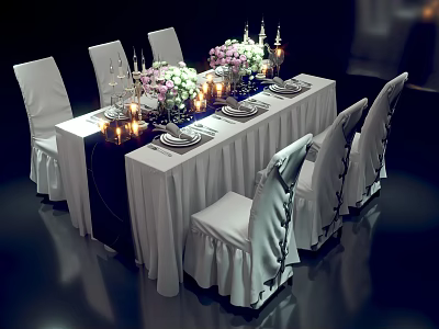 Elegant Dining Table Set With White Tablecloth Chairs Flower Vases Candles And Tableware 3d model