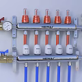 Industrial Plumbing Manifold System with Multiple Valves Metal Frame Blue Pipes and Pressure Gauge