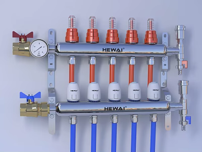 Industrial Plumbing Manifold System with Multiple Valves Metal Frame Blue Pipes and Pressure Gauge 3d model
