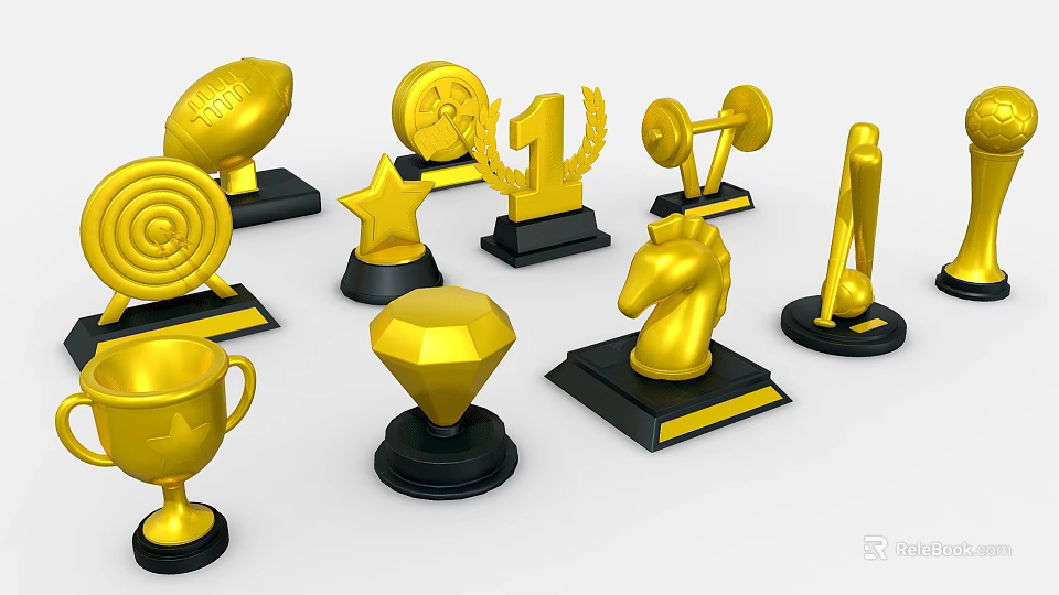 Decorative Golden Trophies And Medals With Various Shapes And Black Bases 3d model 