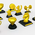 Decorative Golden Trophies And Medals With Various Shapes And Black Bases