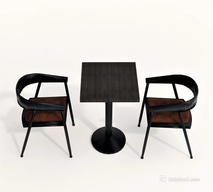 Square Dark Wood Dining Table Set With Two Black Frame Chairs And Brown Seats 3d model 