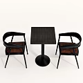 Square Dark Wood Dining Table Set With Two Black Frame Chairs And Brown Seats