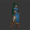 Detailed 3D Game Character With Green Hair In Blue Traditional Outfit Standing Pose