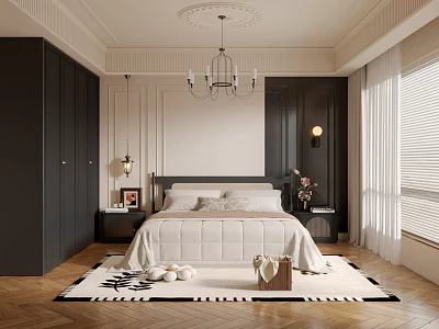 Elegant Modern Bedroom Interior Design With Dark Gray Cabinets White Bedding Chandelier And Rug 3d model