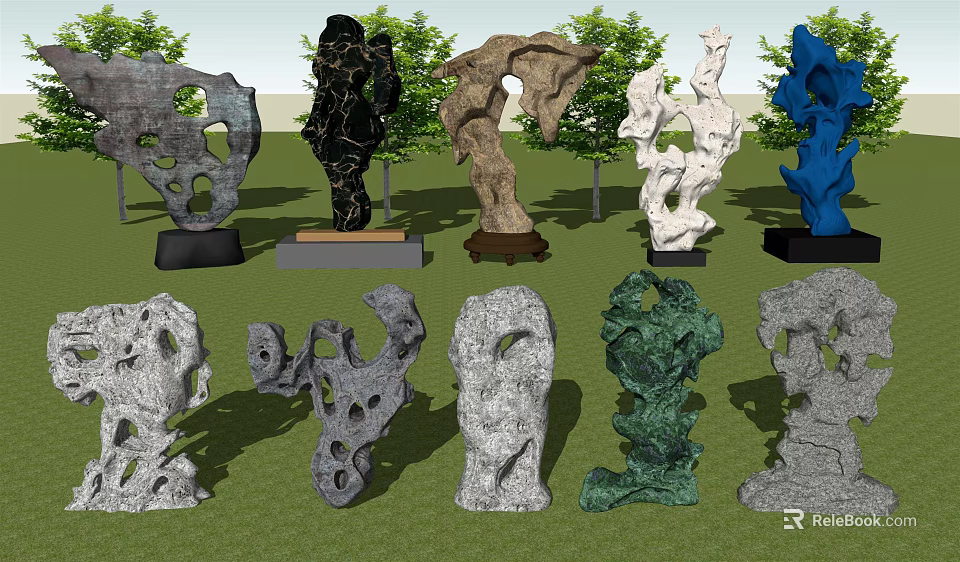 Stone Wood Sculptures Featuring Various Colors Unique Shapes On Wooden Bases With Trees Background 3d model 