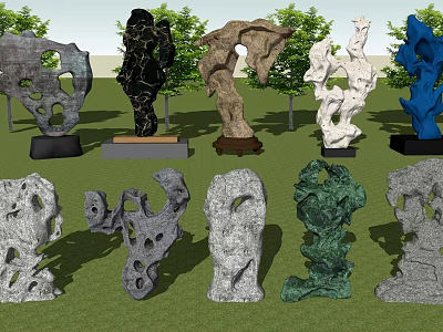 Stone Wood Sculptures Featuring Various Colors Unique Shapes On Wooden Bases With Trees Background 3d model