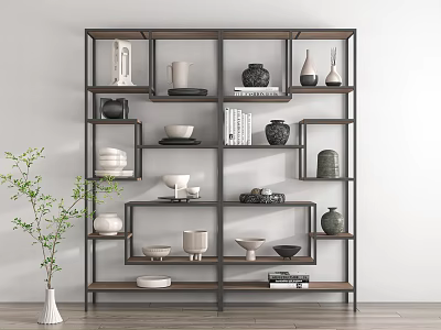 Modern Minimalist Shelving Unit for Home Decor Display with Vases Bowls Books and Ceramic Pieces 3d model