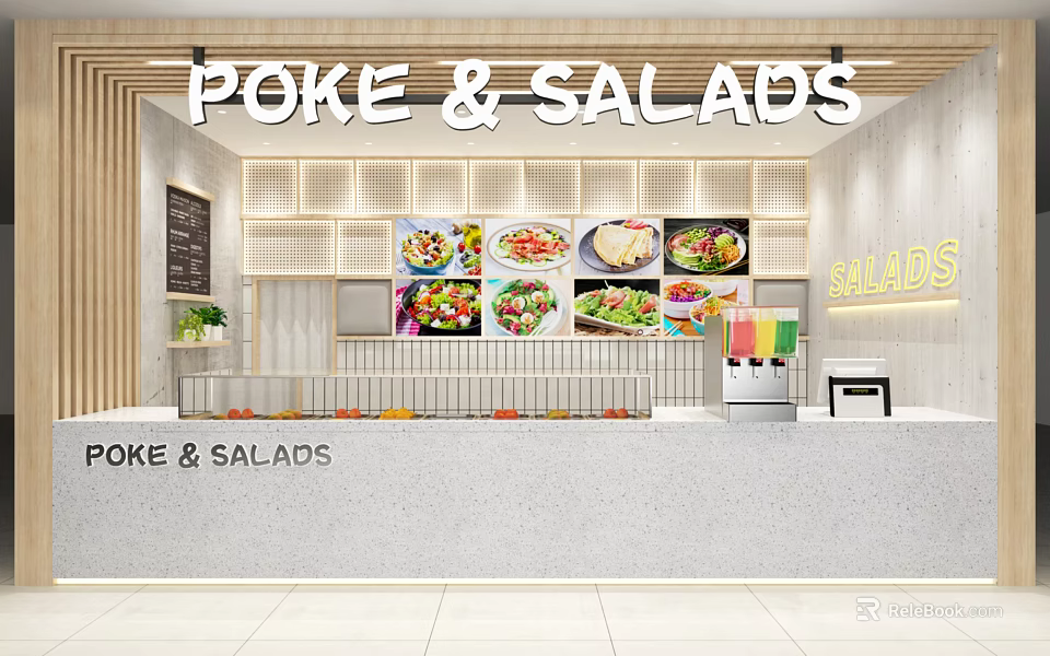 Poke And Salads Restaurant With Fresh Food Displays Modern Counter And Bright Interior 3d model 