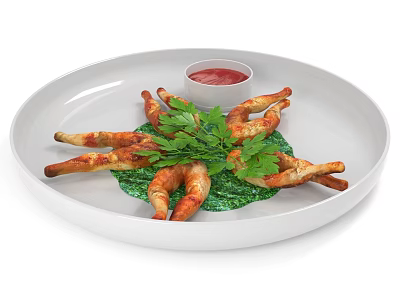 Crispy Fried Shrimp Garnished With Fresh Parsley And Red Sauce On White Plate 3d model
