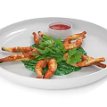 Crispy Fried Shrimp Garnished With Fresh Parsley And Red Sauce On White Plate
