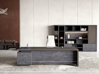 Modern Office Interior With Dark Wood Desk White Chair Bookshelf Sofa And Rug 3d model