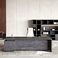 Modern Office Interior With Dark Wood Desk White Chair Bookshelf Sofa And Rug