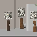 Modern Floor Lamps With Pebble Decorated White Shades Wooden Irregular Bases And Green Plant Accents