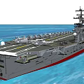Aircraft Carrier Sailing on Blue Sea with Planes on Deck and Island Structure