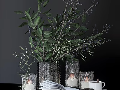 Elegant Decorative Ornament Set With Green Plants Glass Vases Candles Books And Cup 3d model