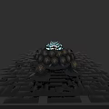 Black Armored Mythical Creature Structure With Glowing Blue Top And Emblem Shields