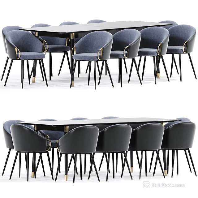 Modern Rectangular Dining Table With Blue Velvet Chairs And Black Metal Legs 3d model 
