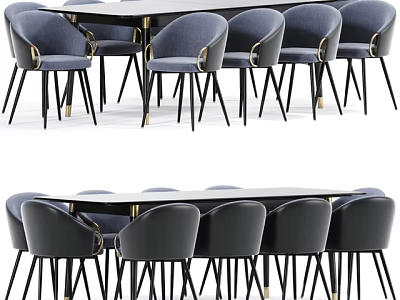 Modern Rectangular Dining Table With Blue Velvet Chairs And Black Metal Legs 3d model