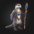 Mythical Otter Wizard Holding Wooden Staff With Blue Gem And Decorative Armor