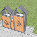 Public Twin Waste Sorting Bins With Wooden Panels Black Roofs Green Grass And Paved Walkway