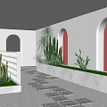 White Feature Wall With Red Arches Geometric Pattern Cactus Plants And Stone Path 3d model