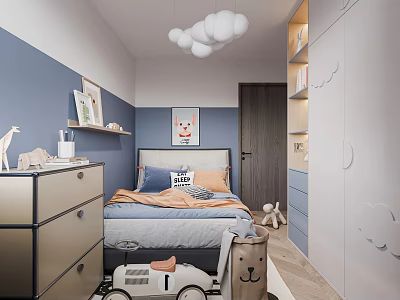 Modern Kids Room Interior With Blue Walls Bed And Toys 3d model
