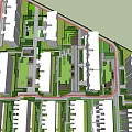 Lush Residential Landscape With Green Lawns Trees Paths And Modern Buildings