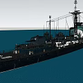 Green and White Warship on Blue Water with Masts and Distant Shore