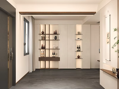 Stylish Entryway Hallway With Wood White Shelving Decorative Items Wine Bottles Gray Flooring And Window 3d model