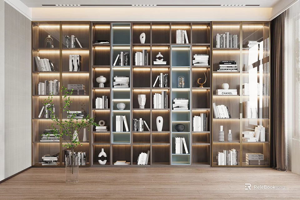 Modern Large Multi Tiered Bookshelf Interior With Books Decorative Items And Built in Lighting 3d model 