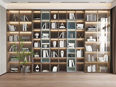 Modern Large Multi Tiered Bookshelf Interior With Books Decorative Items And Built in Lighting 3d model