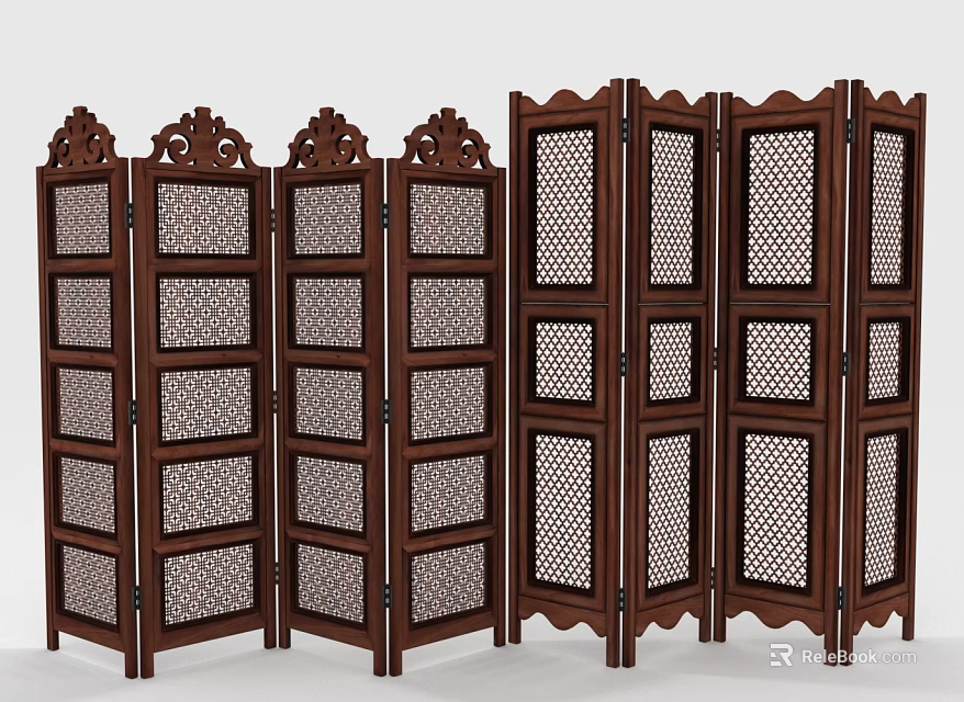 Traditional Wooden Room Divider with Carved Details and Lattice Panel Design 3d model 