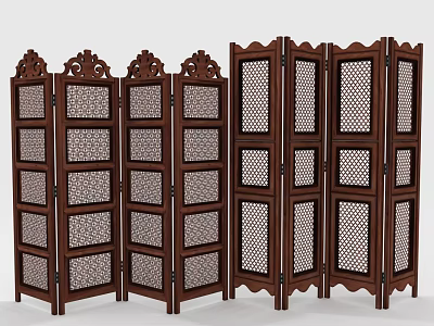 Traditional Wooden Room Divider with Carved Details and Lattice Panel Design 3d model