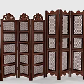 Traditional Wooden Room Divider with Carved Details and Lattice Panel Design