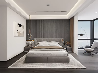 Elegant Modern Bedroom With Gray Bed Wooden Wall Floor to Ceiling Window And Area Rug 3d model