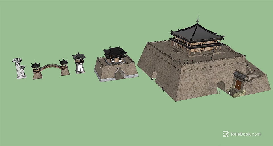 Ancient Architecture Model Featuring City Gate Tower Watchtower Archway And Stone Bridge 3d model 