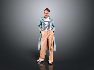 Kid Standing In Gray Background Wearing Light Blue Coat And Beige Pants 3d model