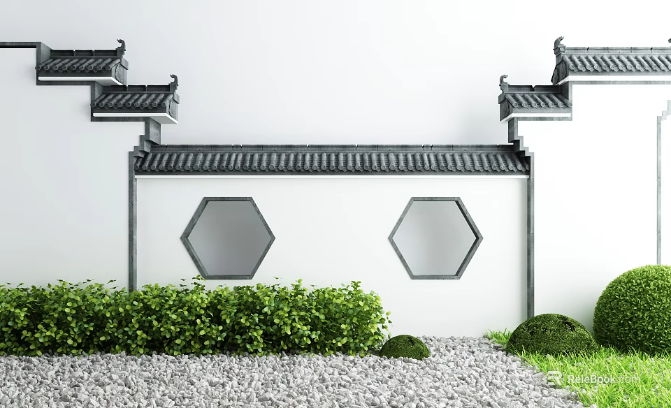 Traditional Chinese Style Building Exterior Wall With Corner Eaves Hexagonal Windows And Green Shrubs 3d model 