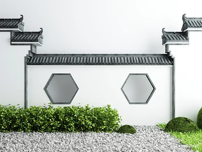 Traditional Chinese Style Building Exterior Wall With Corner Eaves Hexagonal Windows And Green Shrubs 3d model
