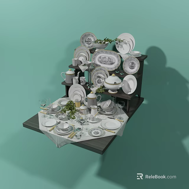 Elegant White Dinnerware Set Including Plates Bowls Cups On Display Shelf For Kitchen Dining 3d model 