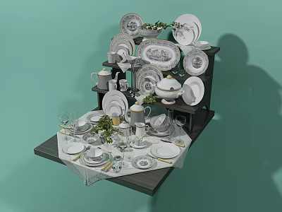Elegant White Dinnerware Set Including Plates Bowls Cups On Display Shelf For Kitchen Dining 3d model