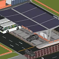 Solar Panel Covered Parking Lot With Bus Building And STOP Sign 3d model