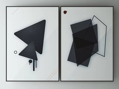 Two Panel Modern Abstract Wall Art With Black Geometric Shapes And Red Accent 3d model